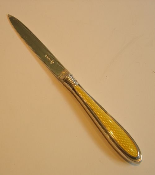 Antique English Sterling Silver & Yellow Guilloche Enamel Letter Opener