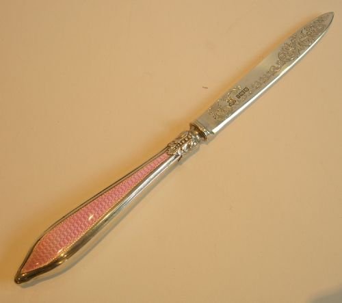 Antique English Sterling Silver & Pink Guilloche Enamel Letter Opener