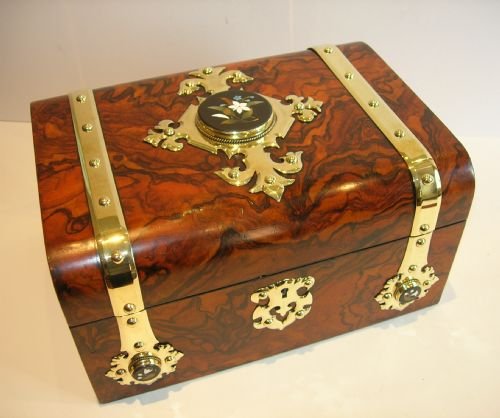 Antique English Burl Walnut Jewellery Box - Brass & Pietra Dura Mounted C.1860