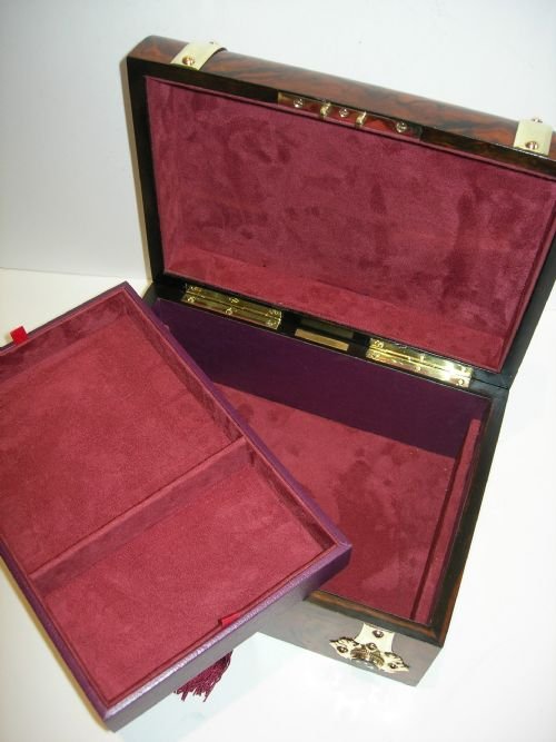 fig 1. Antique English Burl Walnut Jewellery Box - Brass & Pietra Dura Mounted c.1860