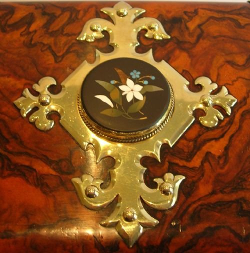 fig 3. Antique English Burl Walnut Jewellery Box - Brass & Pietra Dura Mounted c.1860