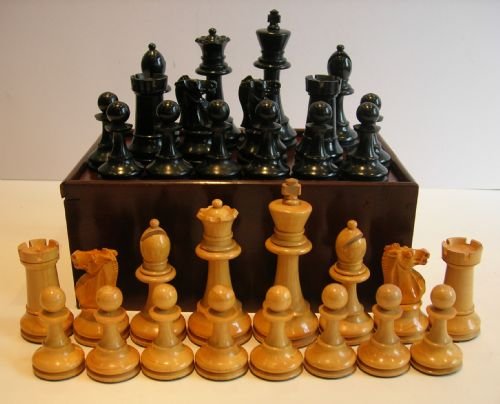 Large Antique English Boxwood Chess Set with Storage Box C.1910