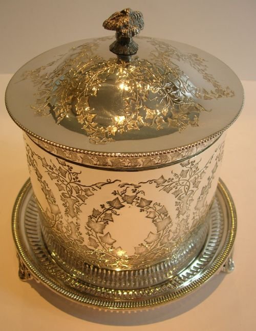 Exquisite Antique Silver Plated Biscuit Box - Ivy Garlands - C.1860