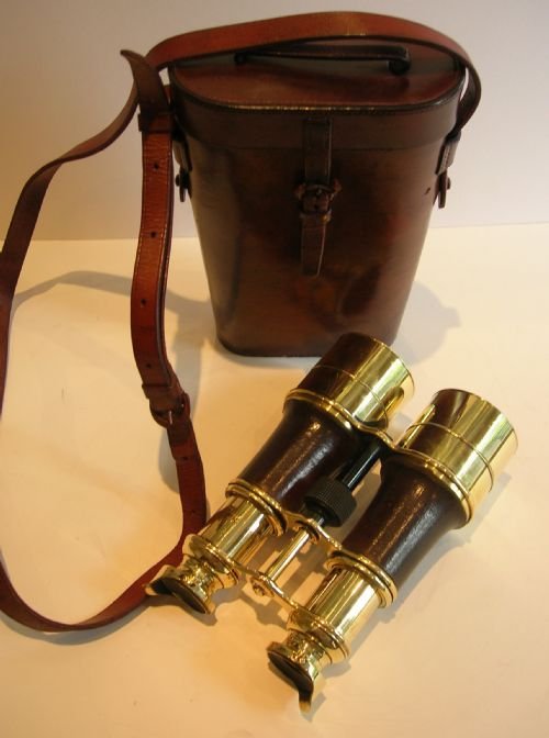 Grand Large Pair Antique English Brass & Leather Binoculars - Ross, London