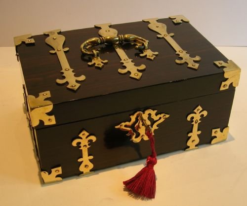 Antique English Macassar Ebony Jewelry Box - Brass Mounted Chest C.1850