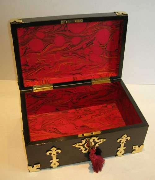 fig 1. Antique English Macassar Ebony Jewelry Box - Brass Mounted Chest c.1850