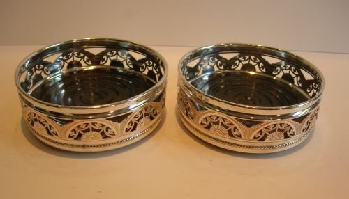 Pair Antique English Pierced / Reticulated Silver Plate Wine Coasters C.1890