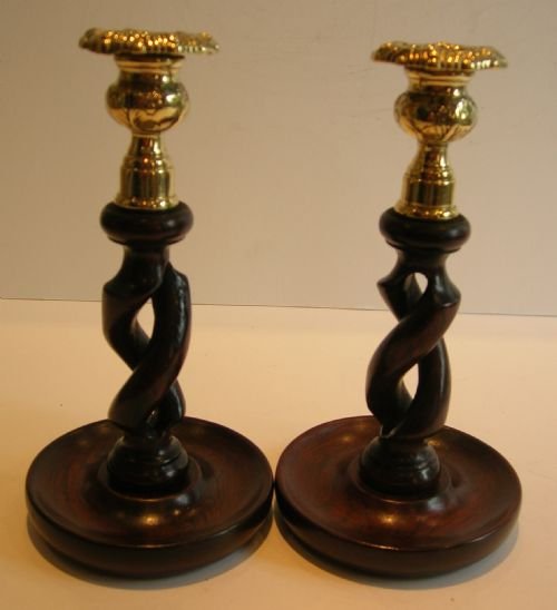 Pair Antique English 8 1/4" Oak Open Barley Twist Candlesticks - Brass Thistle Tops