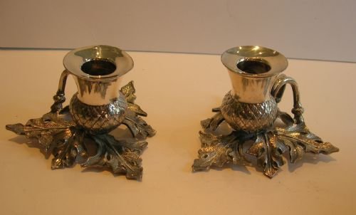 Pair Antique Silver Plated Figural Scottish Thistle Chambersticks C.1890