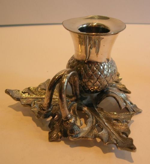 fig 1. Pair Antique Silver Plated Figural Scottish Thistle Chambersticks c.1890
