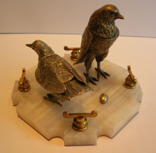 Antique English Bronze Figural Desk Set - Inkwell & Stamp Box - Birds C.1880