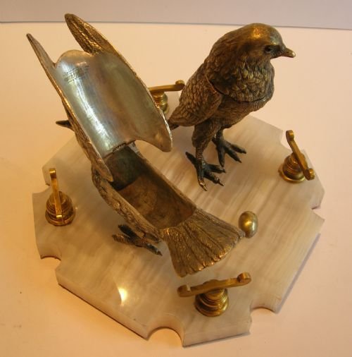 fig 1. Antique English Bronze Figural Desk Set - Inkwell & Stamp Box - Birds c.1880