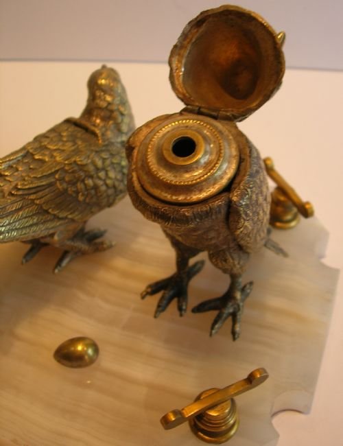fig 2. Antique English Bronze Figural Desk Set - Inkwell & Stamp Box - Birds c.1880