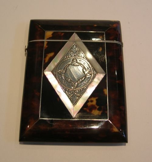 Antique English Tortoiseshell, Mother of Pearl and Sterling Silver Card Case