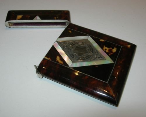 fig 1. Antique English Tortoiseshell, Mother of Pearl and Sterling Silver Card Case