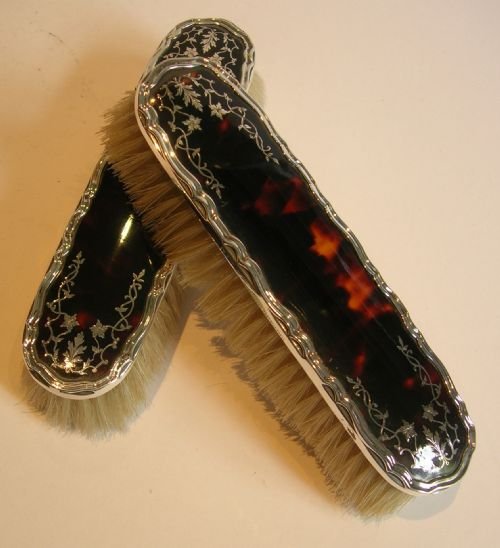 Stunning Pair English Antique Sterling Silver & Tortoise Shell Clothes Brushes