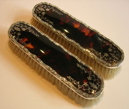 fig 1. Stunning Pair English Antique Sterling Silver & Tortoise Shell Clothes Brushes