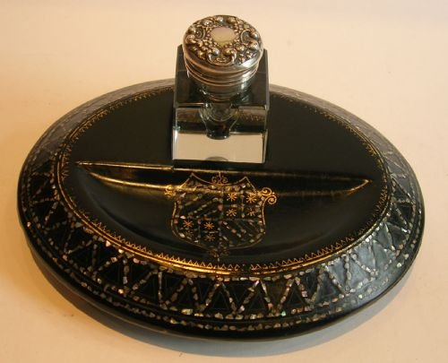 Antique English Papier Mache Inkstand - Sterling Silver Topped Inkwell C.1880