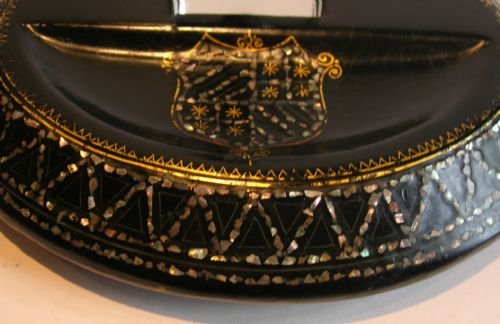 fig 1. Antique English Papier Mache Inkstand - Sterling Silver Topped Inkwell c.1880