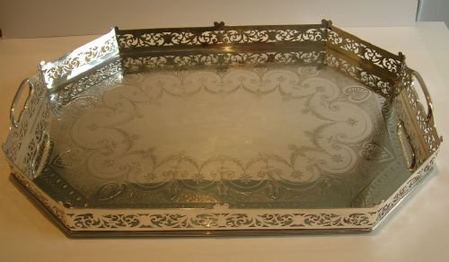 Grand Antique Galleried Silver Plated Tray - Hand Engraved C.1900