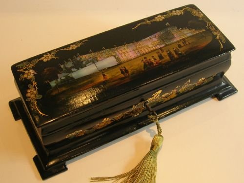 Fabulous Hand-painted Papier Mache Box C.1850; Mother of Pearl Inlaid - Crystal Palace
