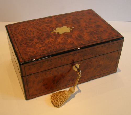 Handsome Antique English Burr Cedar Jewelry Box C.1890