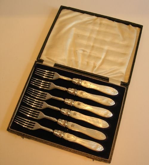 Antique English Sterling Silver & Mother of Pearl Cake or Desert Forks - 1856