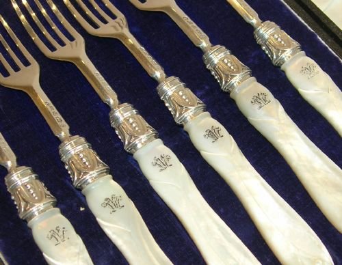 fig 1. Antique English Sterling Silver & Mother of Pearl Cake or Desert Forks - 1856