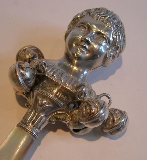 Antique English Sterling Silver Baby Rattle - Figural - Mother of Pearl Handle