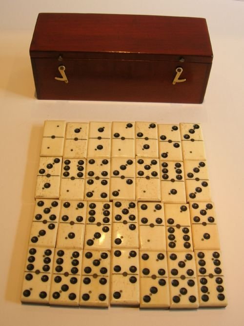 fig 1. Antique English Boxed Set Bone & Ebony Wood Dominoes c.1890