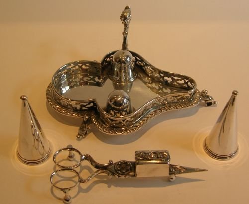 Unusual English Silver Plated Candle Snuffers and Stand C.1850