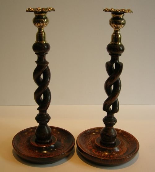 Pair Antique English Oak Open Barley Twist Candlesticks - Brass Thistle Tops