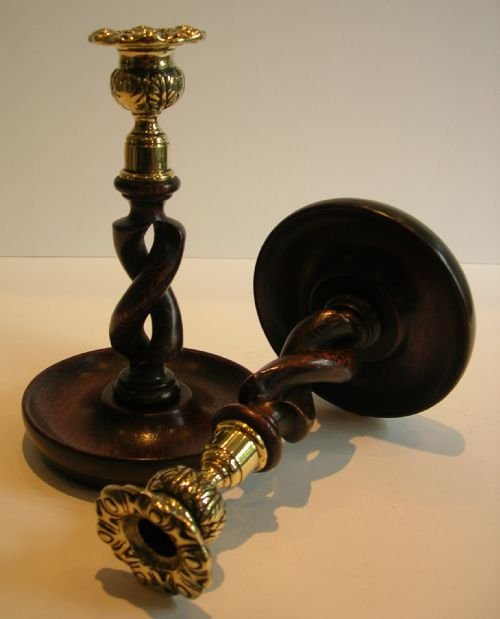 Pair 8" Antique English Oak Open Barley Twist Candlesticks - Brass Thistle Tops