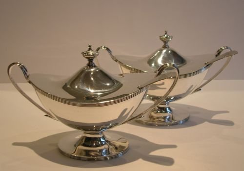 Pair Antique English Silver Plated Sauce Tureens by William Hutton & Sons C.1880