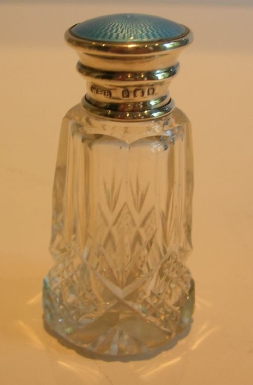 Cut Crystal Perfume Bottle - English Sterling Silver & Blue Guilloche Enamel Top - 1930