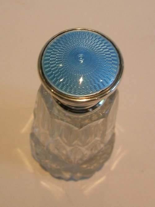 fig 1. Cut Crystal Perfume Bottle - English Sterling Silver & Blue Guilloche Enamel Top - 1930