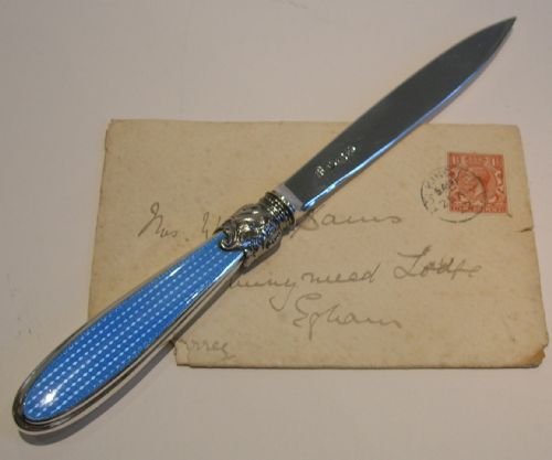 Antique English Sterling Silver & Blue Guilloche Enamel Letter Opener