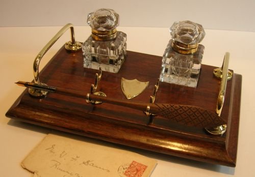 Antique English Oak & Brass Inkstand - Cut Crystal Inkwells, C.1890