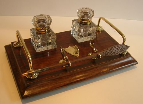 fig 1. Antique English Oak & Brass Inkstand - Cut Crystal Inkwells, c.1890