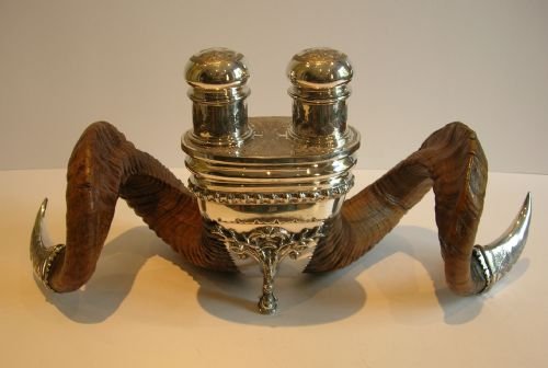 Rare Antique English Ram's Horn & Silver Plate Inkwell by Walker & Hall