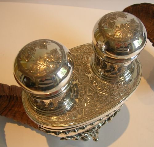 fig 1. Rare Antique English Ram's Horn & Silver Plate Inkwell by Walker & Hall