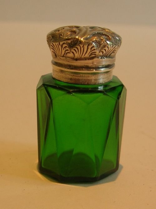 Tiny Antique Emerald Green Glass & Sterling Silver Perfume Bottle - 1902