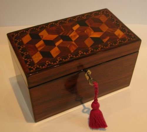 Antique English Tunbridge Ware Tea Caddy - Tumbling Block Pattern C.1870