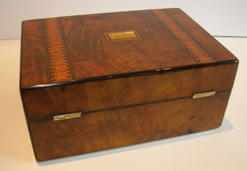 fig 1. Antique English Burl Walnut & Tunbridge Inlaid Table Box c.1860