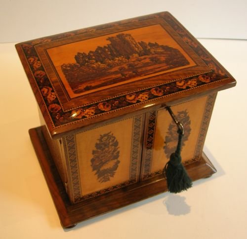 Antique English Tunbridge Ware Table Cabinet - Castle Lid, C.1860