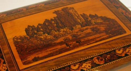 fig 1. Antique English Tunbridge Ware Table Cabinet - Castle Lid, c.1860