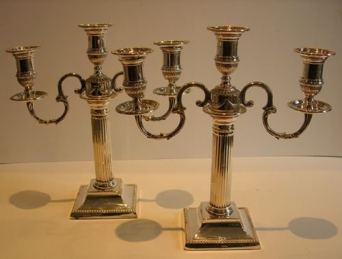 Pair Antique Corinthian Column Three Light Candelabra by John Round & Son C.1880
