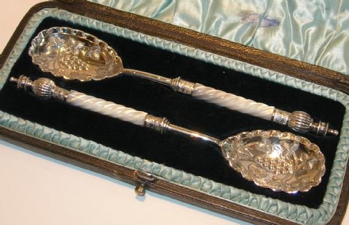 Stunning Pair Silver Plated & Carved Mother of Pearl Preserve Spoons C.1890