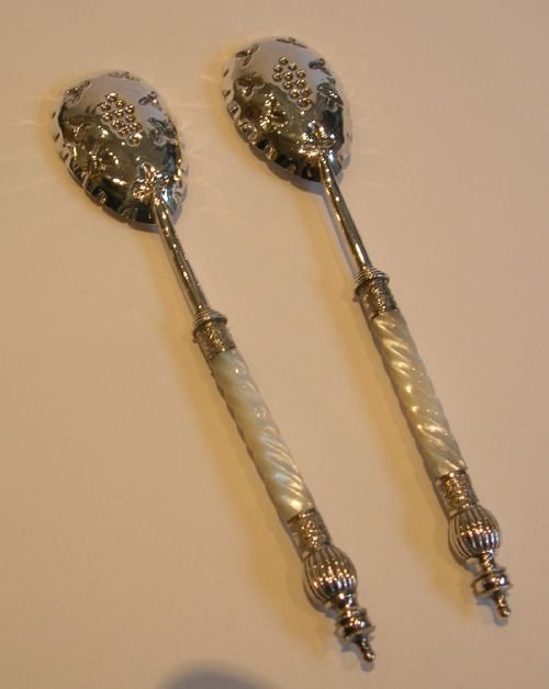 fig 1. Stunning Pair Silver Plated & Carved Mother of Pearl Preserve Spoons c.1890