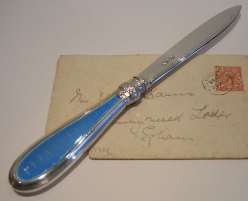 Antique English Sterling Silver & Blue Guilloche Enamel Letter Opener